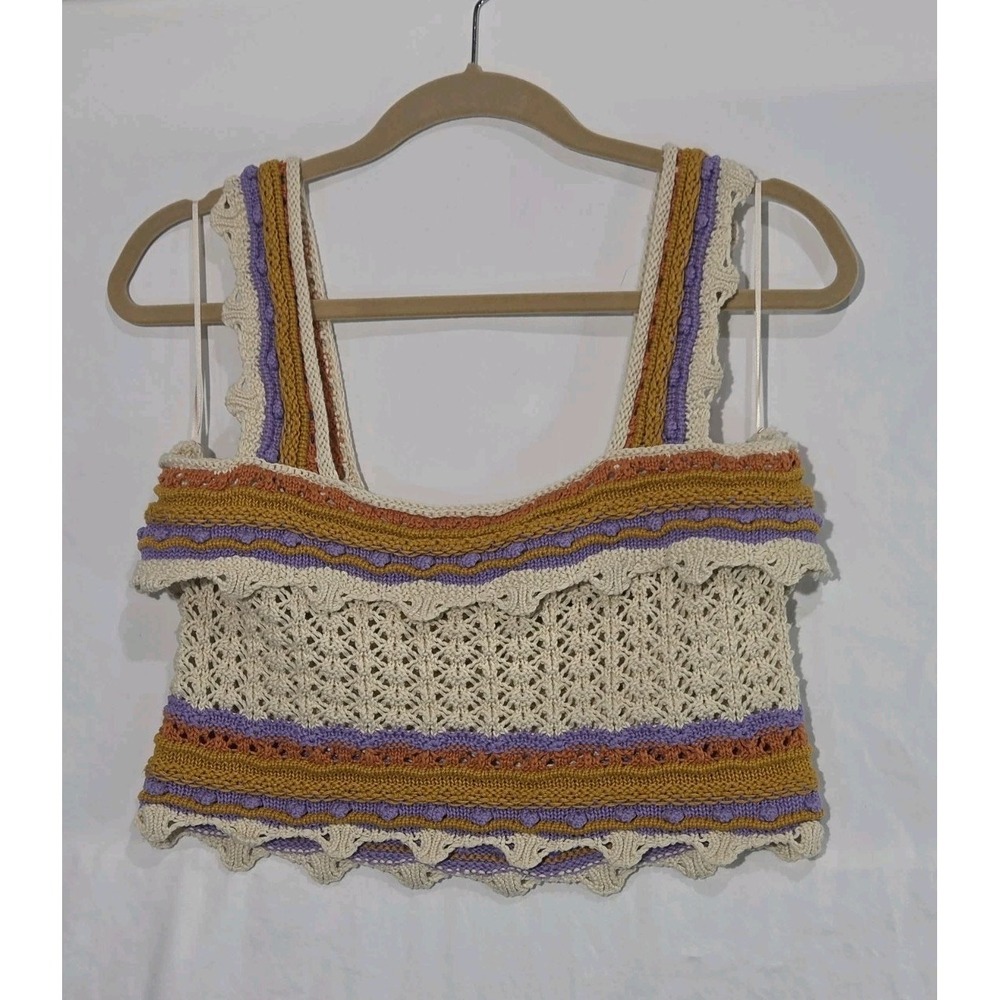 June & Hudson Knit Crop Top Womens M Cream Multi Excellent Scalloped Boho Tank